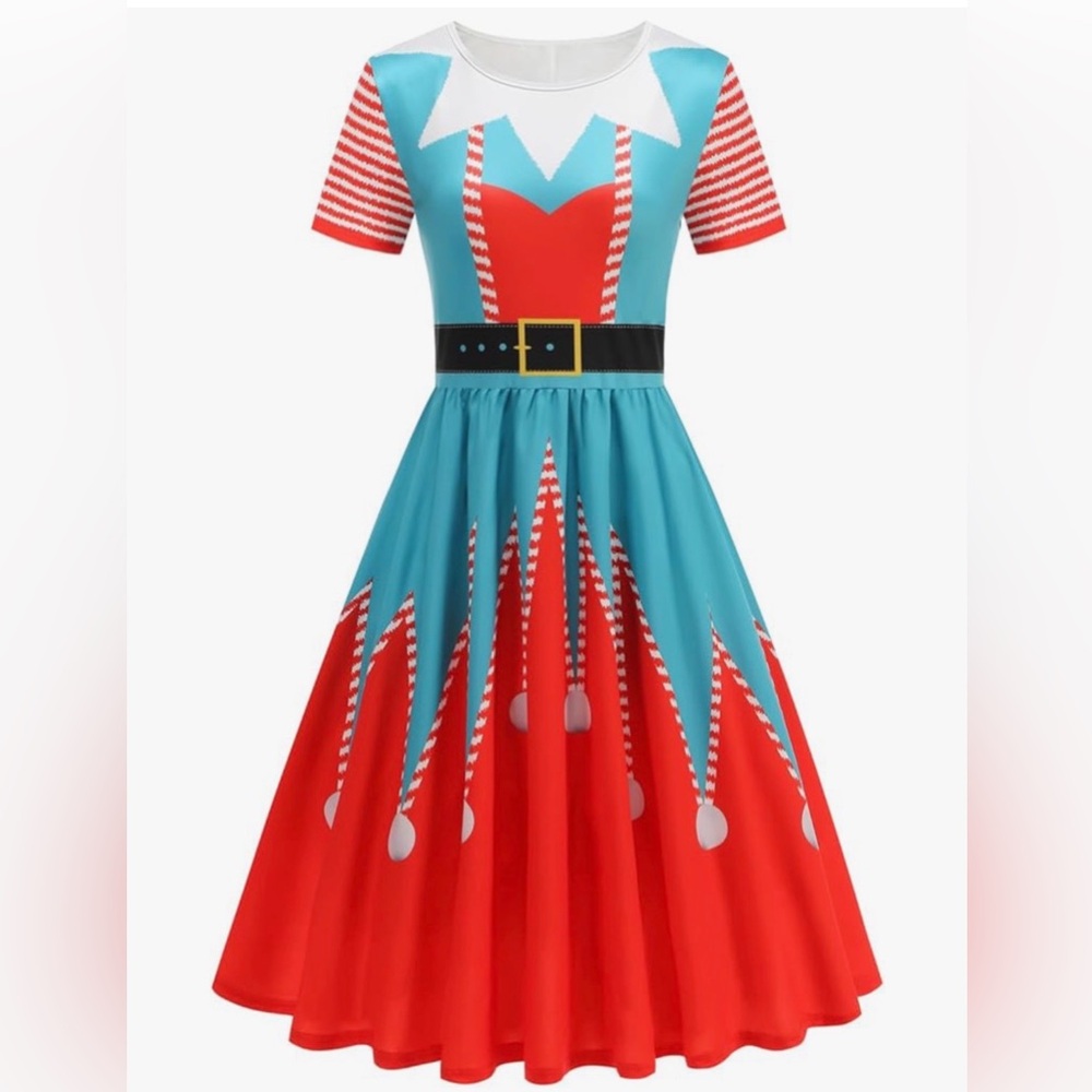 Festive Red and Blue Women's Elf Christmas Dress